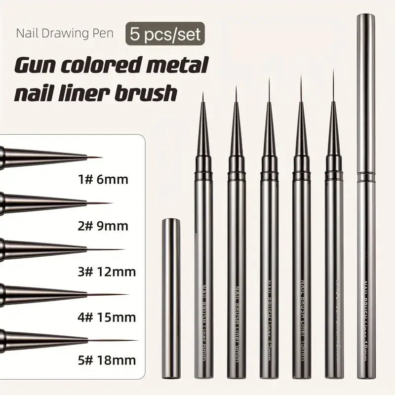 5PC Nail Art Liner Brushes Set - Metal Handle, Acrylic UV Gel Paint DIY Manicure