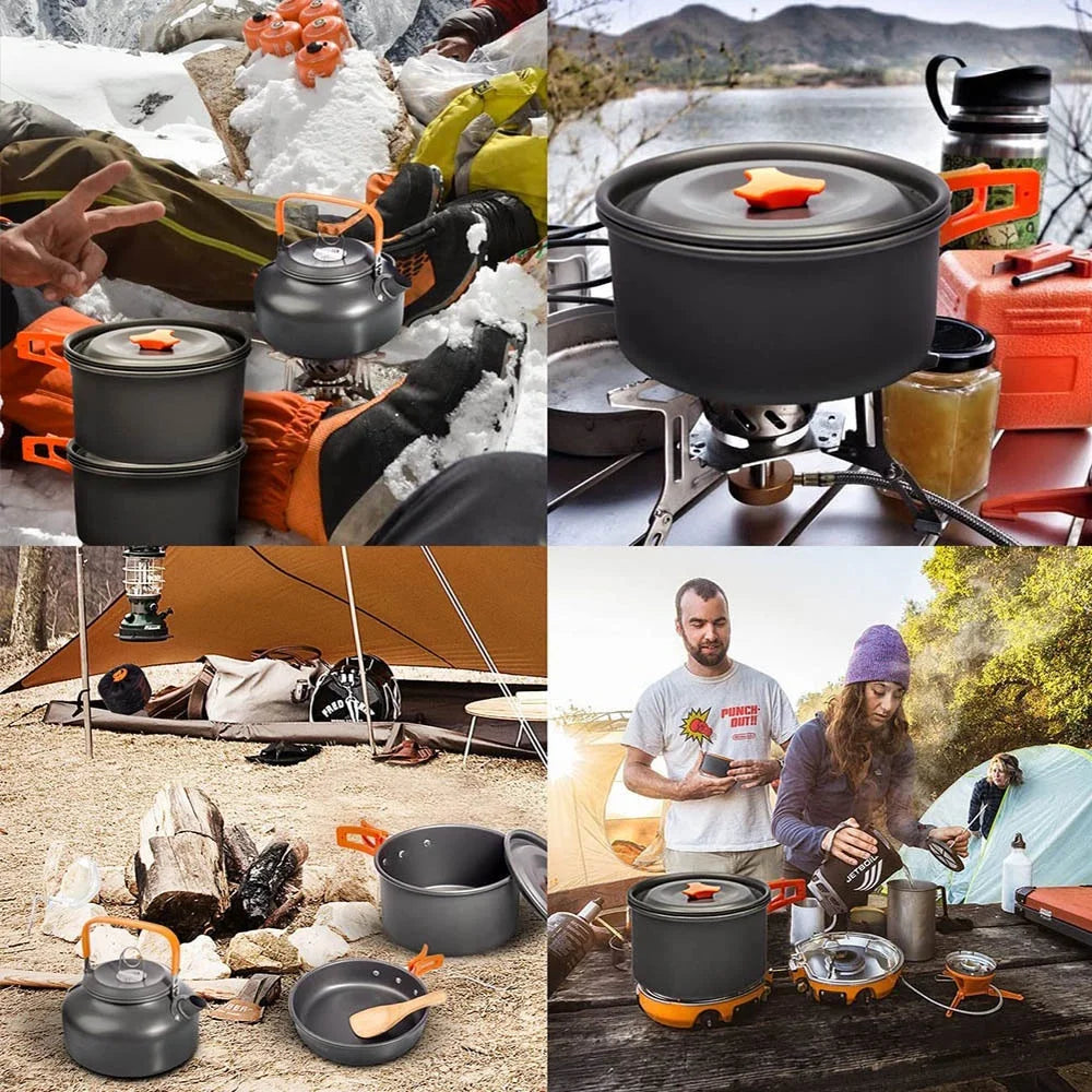 Camping Cookware Set Outdoor Picnic Travel Teapot Non-Stick Pots for 2-3 People