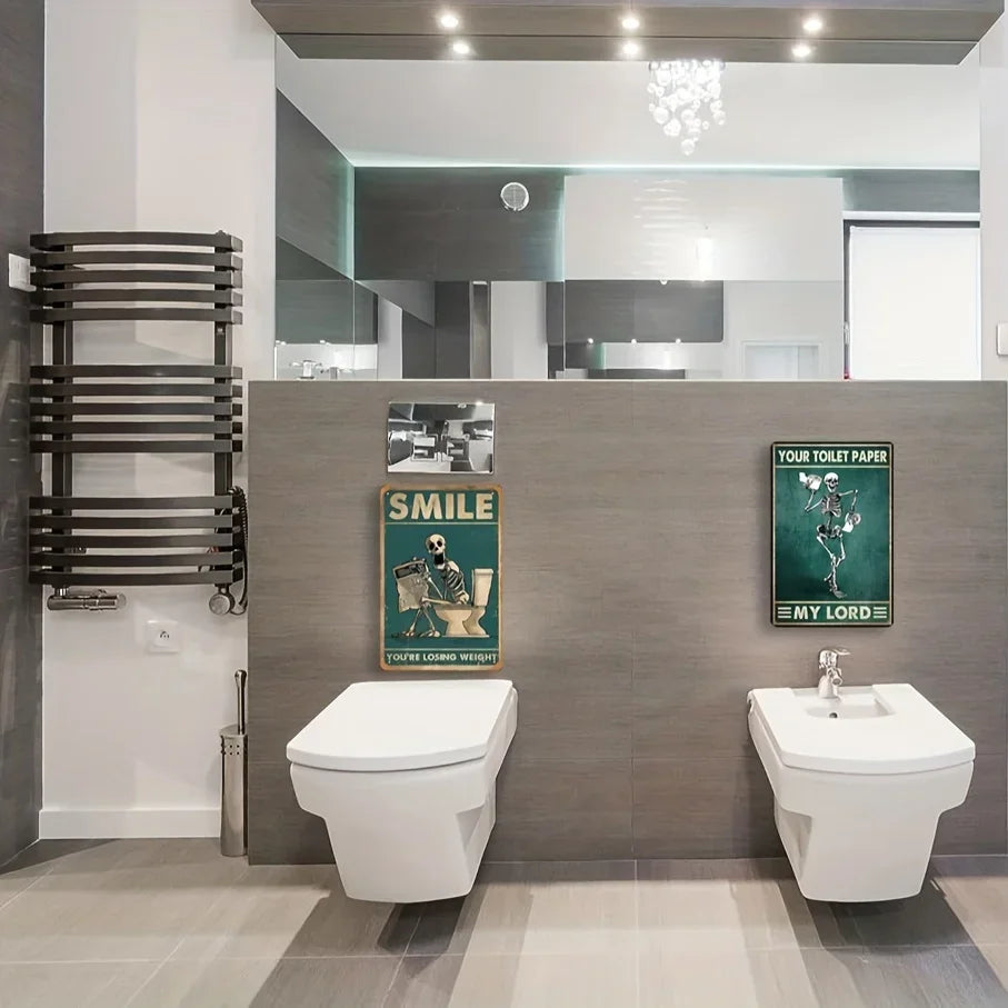 Funny Toilet Bathroom Decor Skeleton Skull Reading Newspaper Metal Sign, Retro Poster