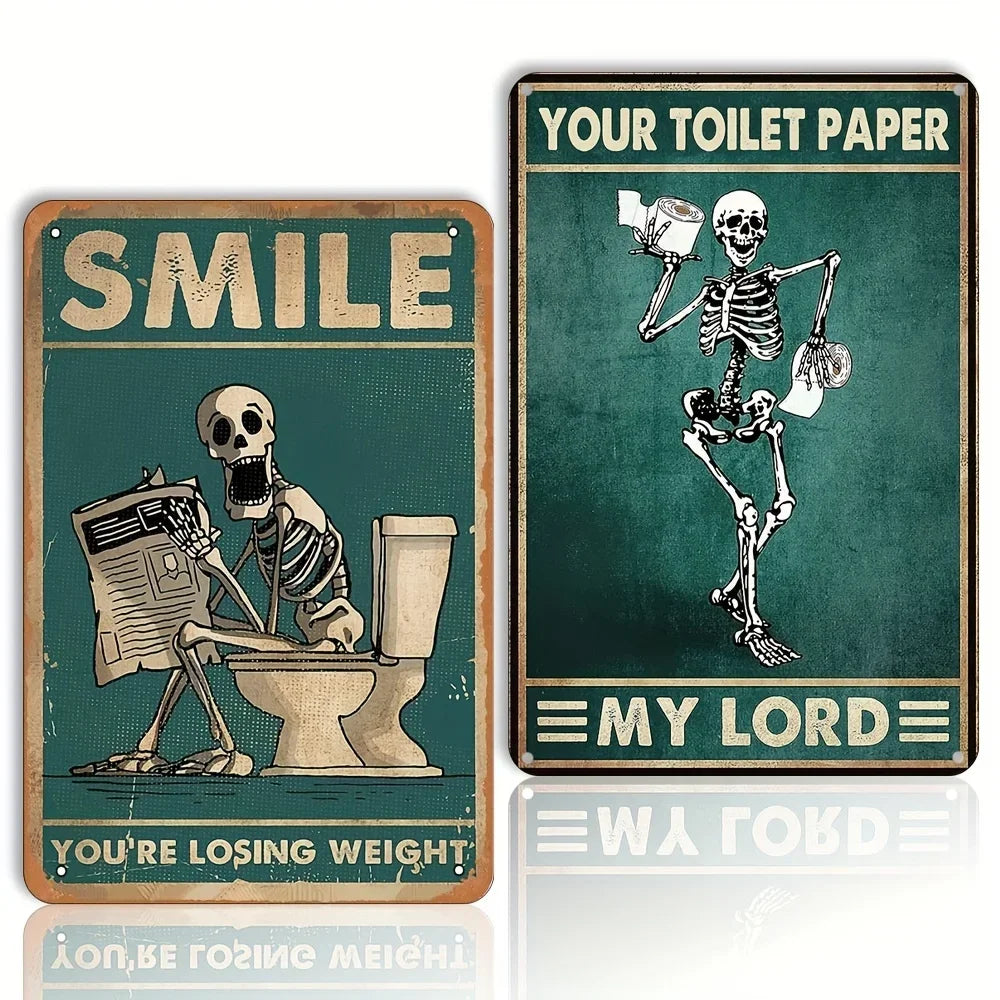 Funny Toilet Bathroom Decor Skeleton Skull Reading Newspaper Metal Sign, Retro Poster