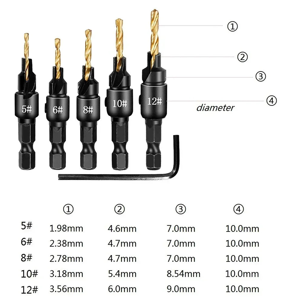 5pc 1/4" Hex Shank Countersink Drill Bit Set for Wood Screws #5–#12 Pilot Hole
