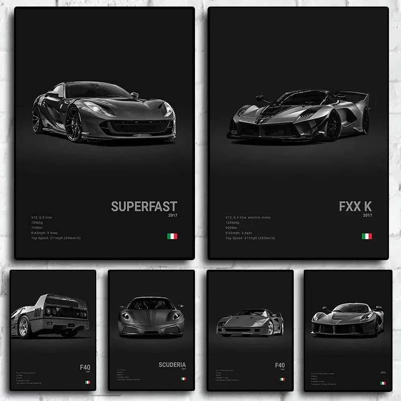 Pop B&W Italy Super Sport Car Canvas Poster Wall Art Garage F40 GTO GTB Mancave