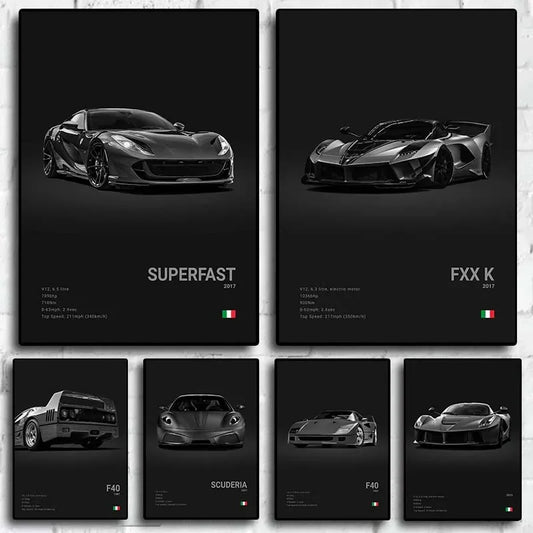 Pop B&W Italy Super Sport Car Canvas Poster Wall Art Garage F40 GTO GTB Mancave