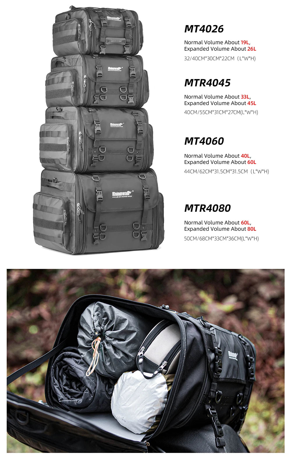 Rhinowalk Motorcycle Waterproof Tail Bag Expandable Luggage 19L-80L