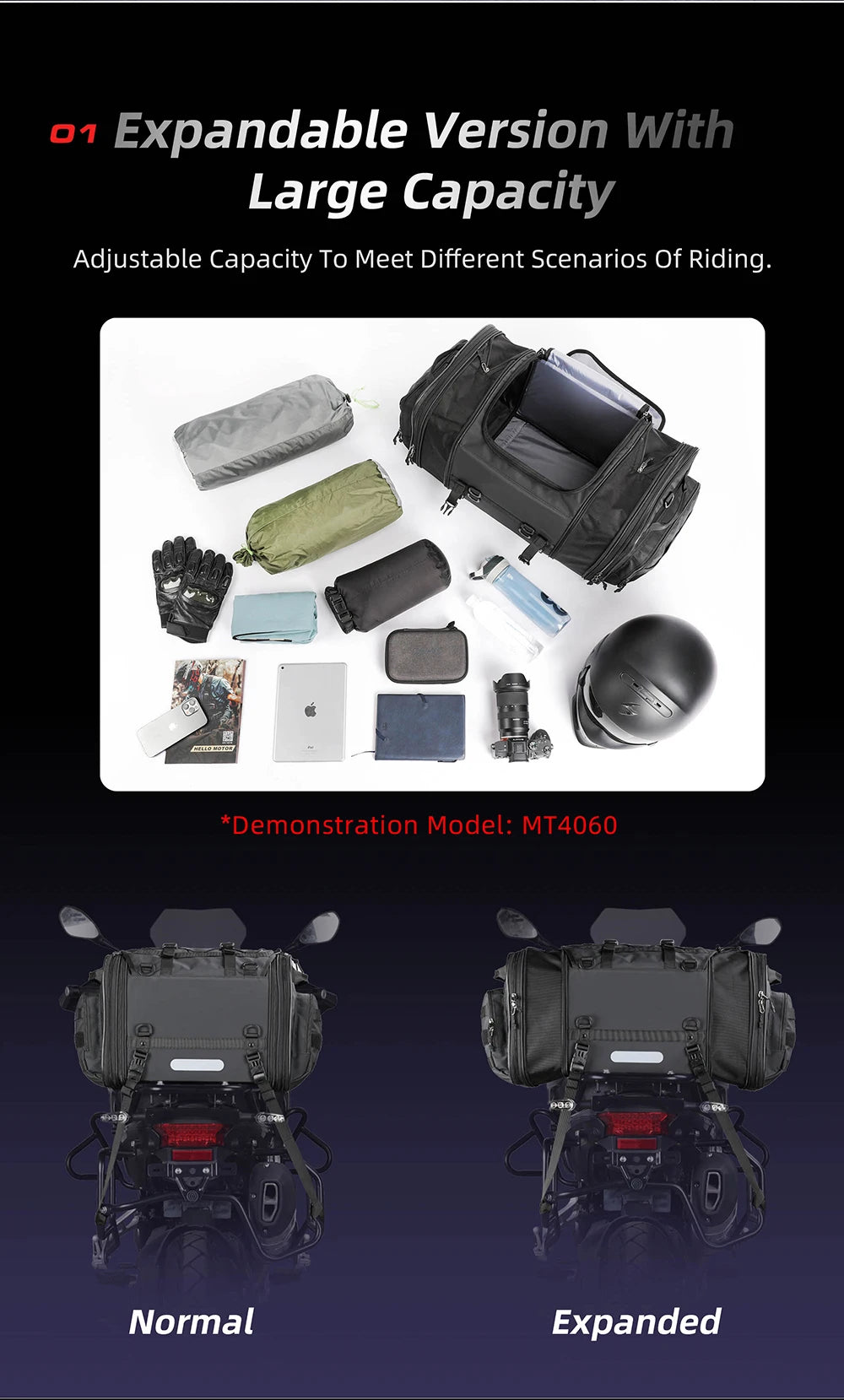 Rhinowalk Motorcycle Waterproof Tail Bag Expandable Luggage 19L-80L