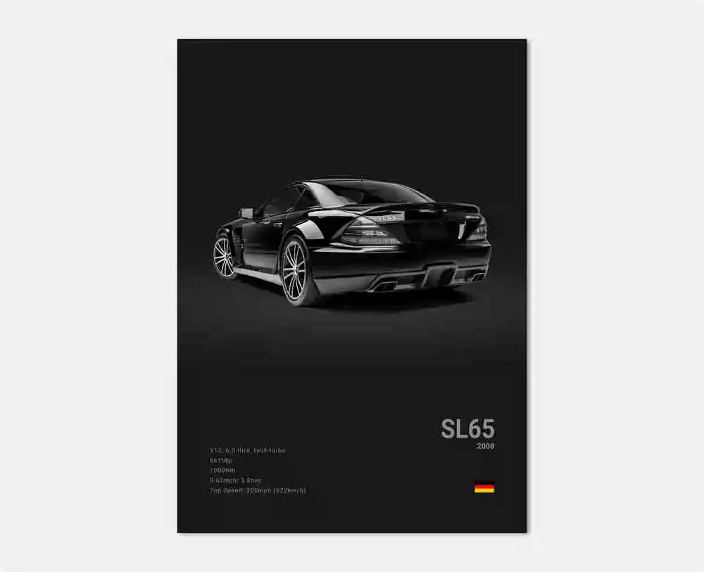 B&W Luxury Sports Car Poster Canvas Wall Art Garage Mancave Merc G63 SL GTR AMG
