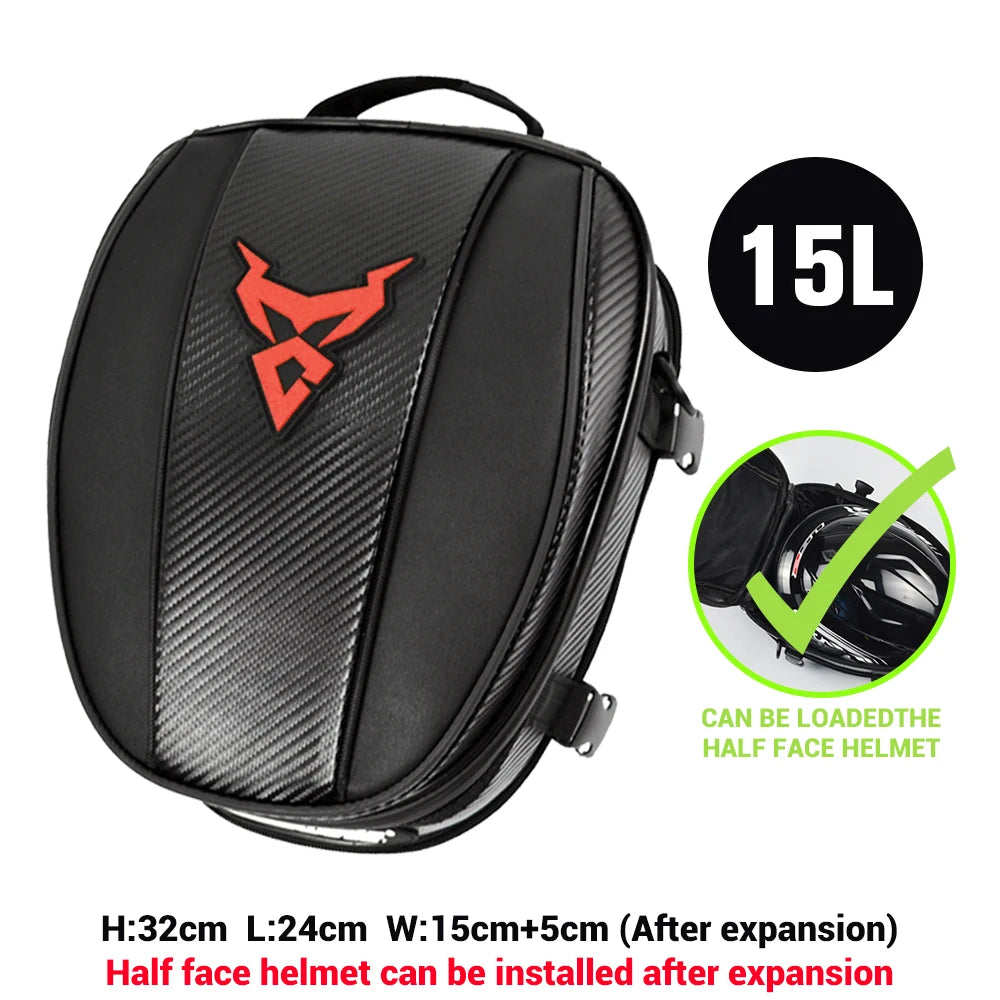 15L Motorcycle Tail Bag Waterproof Rear Seat Backpack Helmet Storage expandable