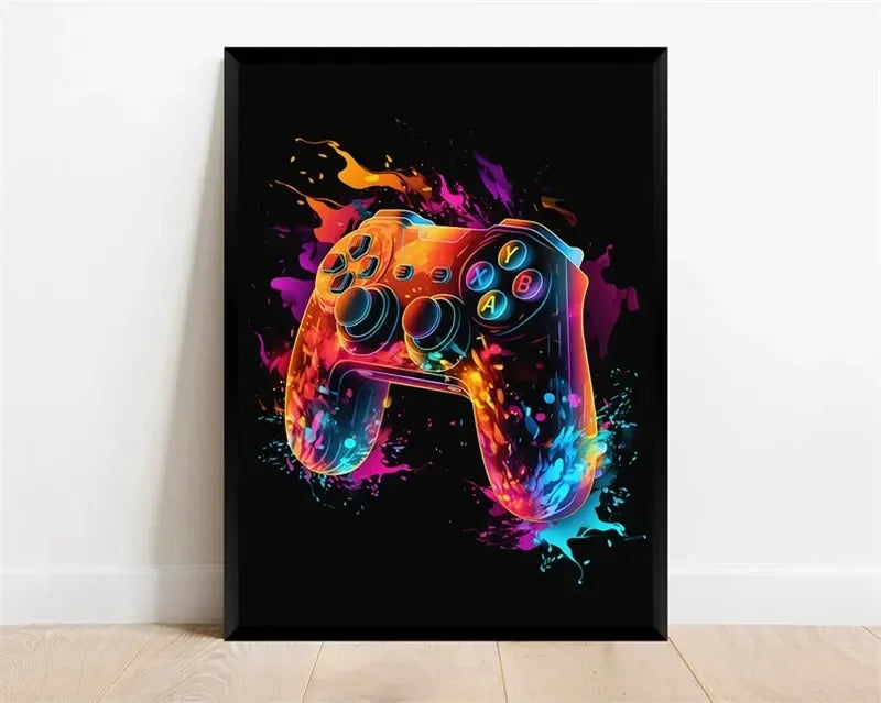Pop Neon Video Game Character Canvas Wall Art Gamepad Headphones Gaming Room