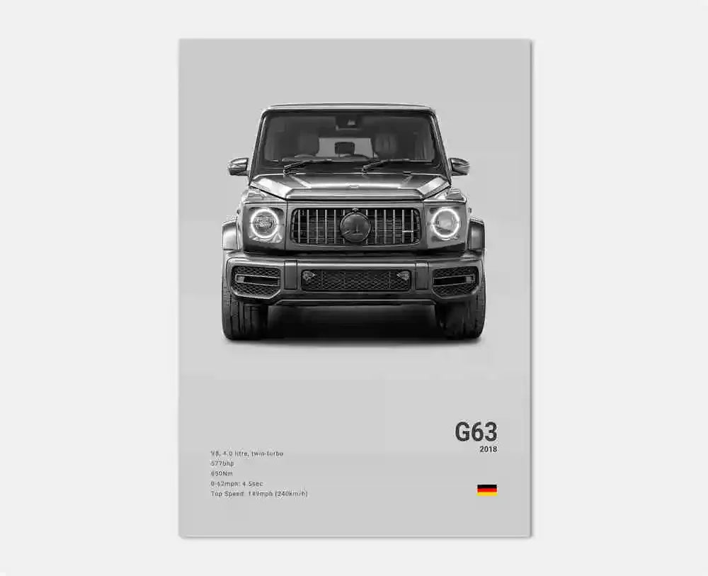 B&W Luxury Sports Car Poster Canvas Wall Art Garage Mancave Merc G63 SL GTR AMG
