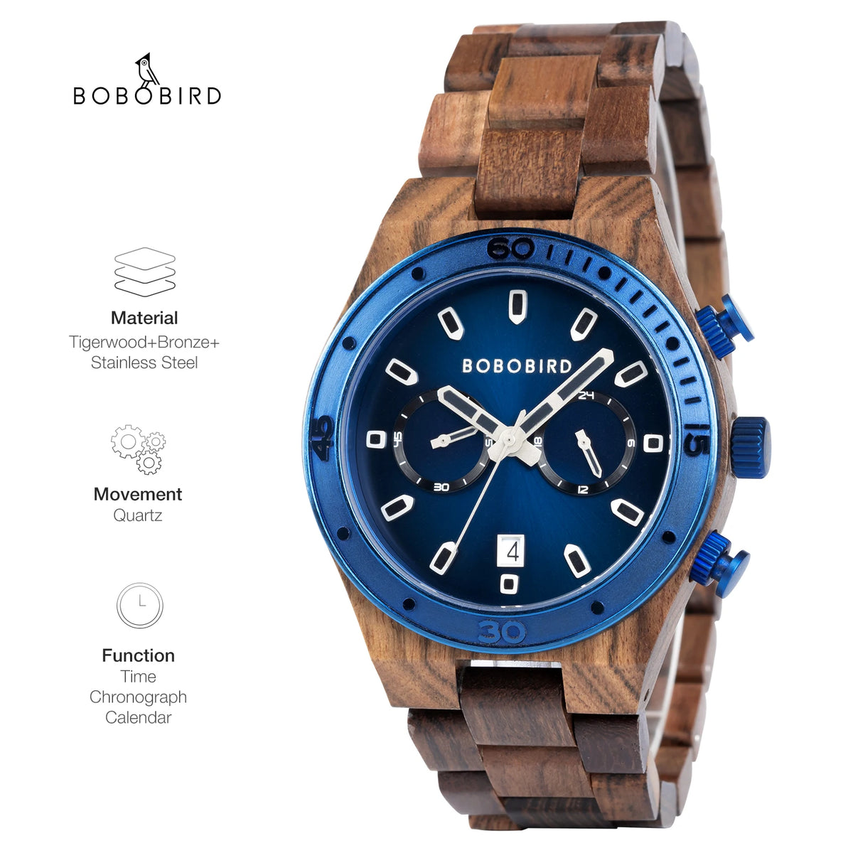 BOBO BIRD Men’s Wooden Chronograph Watch – Business Style with Date Display