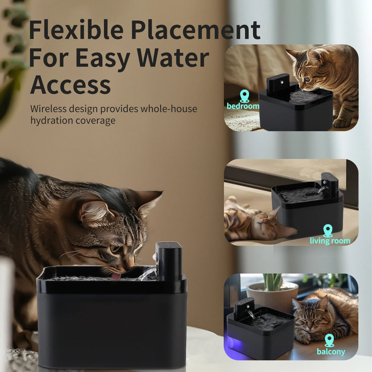 2.2L Automatic Cat Water Fountain Rechargeable Sensor Wireless Pet Dog Drinker