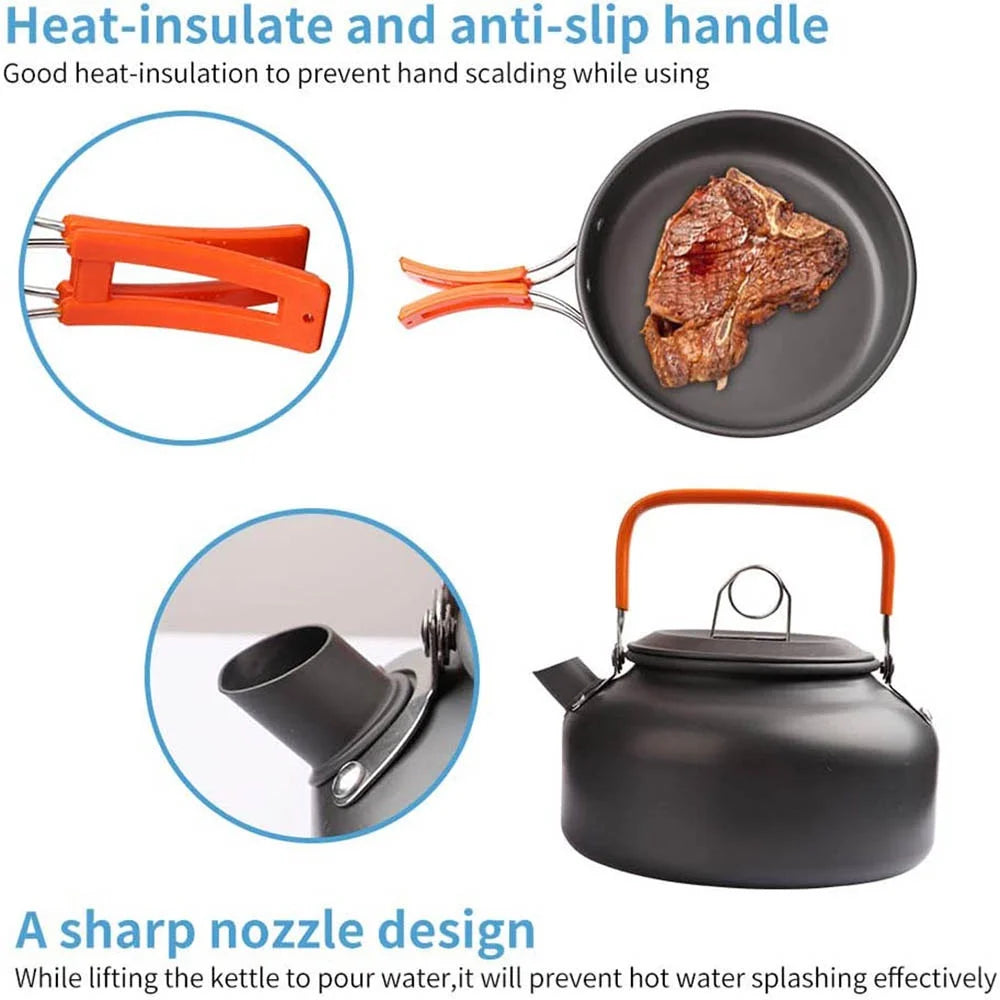 Camping Cookware Set Outdoor Picnic Travel Teapot Non-Stick Pots for 2-3 People