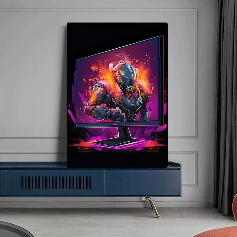 Pop Neon Video Game Character Canvas Wall Art Gamepad Headphones Gaming Room