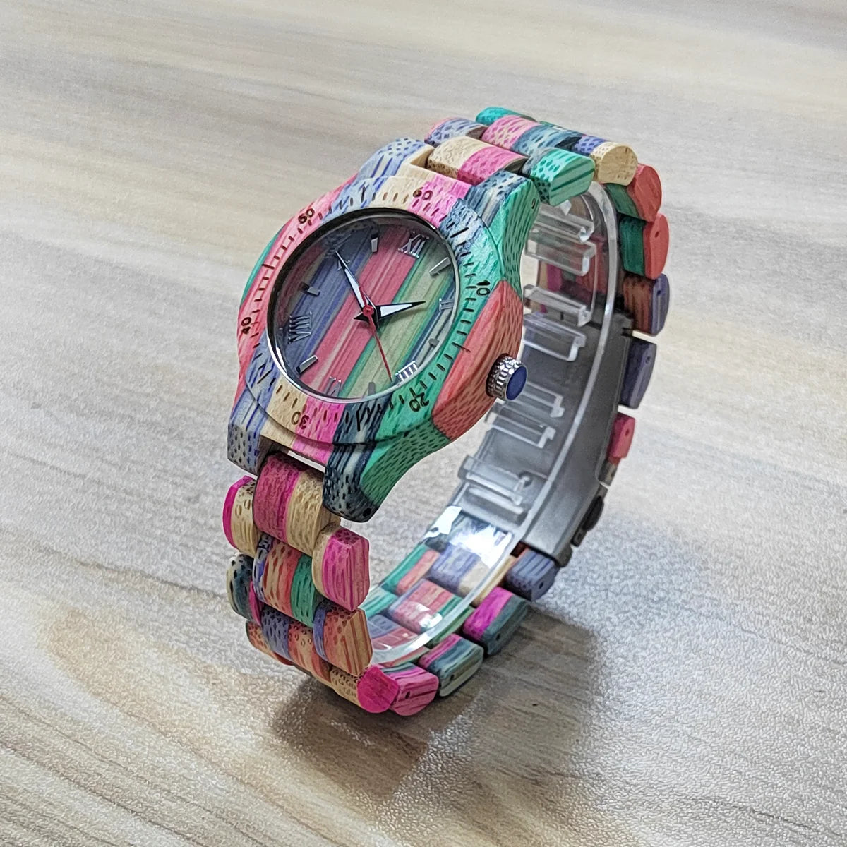 Womens Bamboo Wooden Watch  Natural Multicolour Rainbow Gifts Her