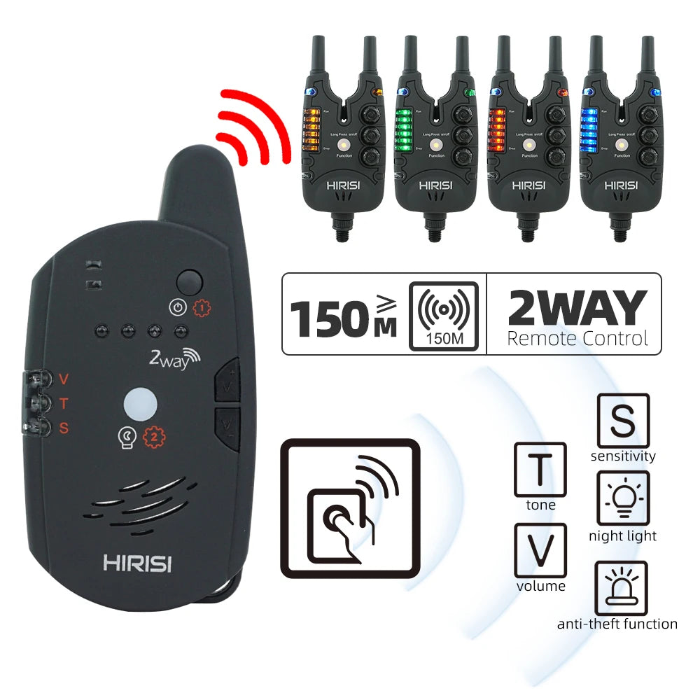 Hirisi Wireless Carp Fishing Bite Alarm Set S8 2 Way Remote Control 1+3 / 1+4