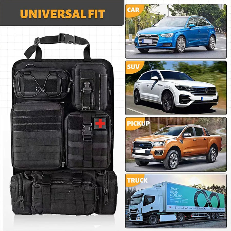 Tactical Car Seat Back Organizer – 600D Storage Bag for Gear, First Aid & Tools