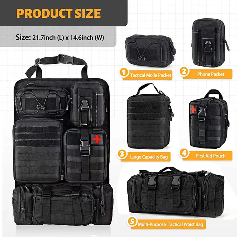 Tactical Car Seat Back Organizer – 600D Storage Bag for Gear, First Aid & Tools