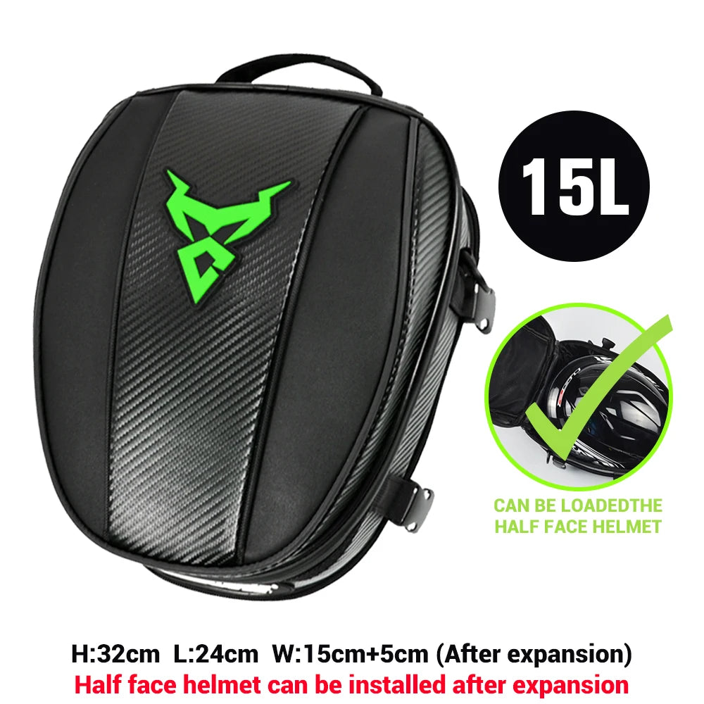 15L Motorcycle Tail Bag Waterproof Rear Seat Backpack Helmet Storage expandable