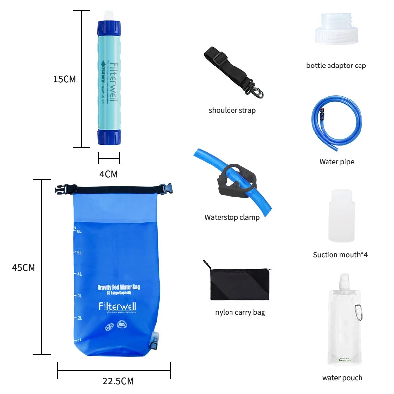 6L TPU Gravity Water Bag with Water Filter Straw – Camping, Hiking, Emergency