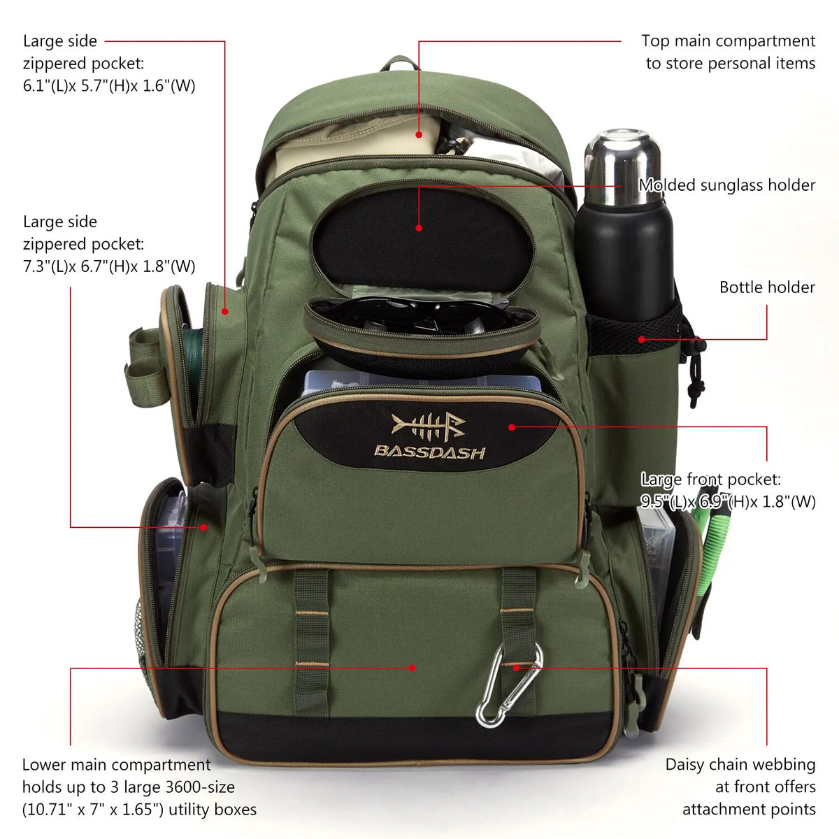 Bassdash Fishing Tackle Backpack - Lightweight Tactical Gear Bag 600D Polyester