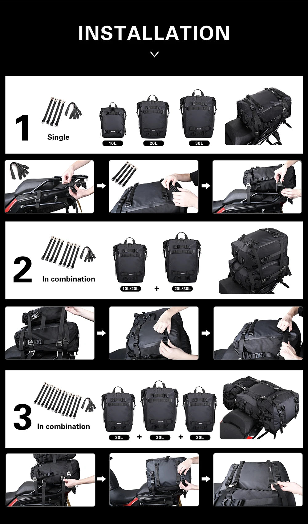 Rhinowalk Motorcycle Saddle Luggage Waterproof Rear Seat Bag 10L 20L 30L
