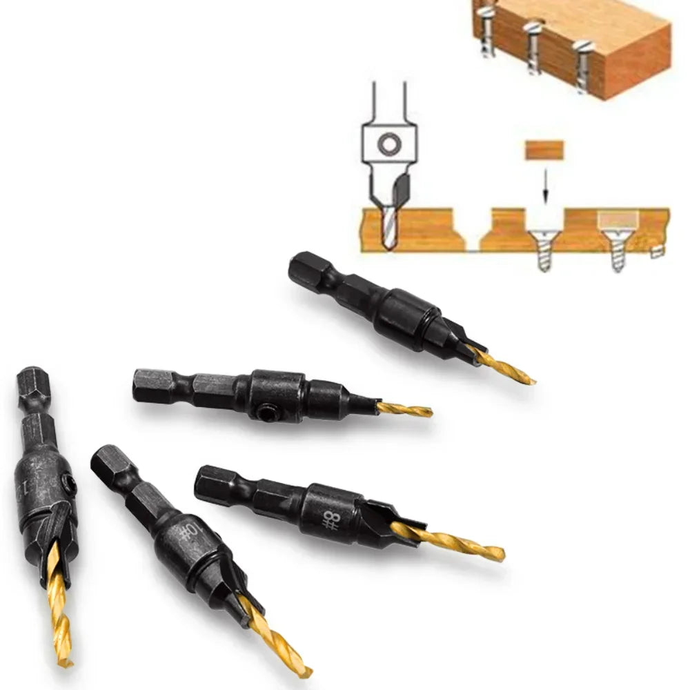 5pc 1/4" Hex Shank Countersink Drill Bit Set for Wood Screws #5–#12 Pilot Hole