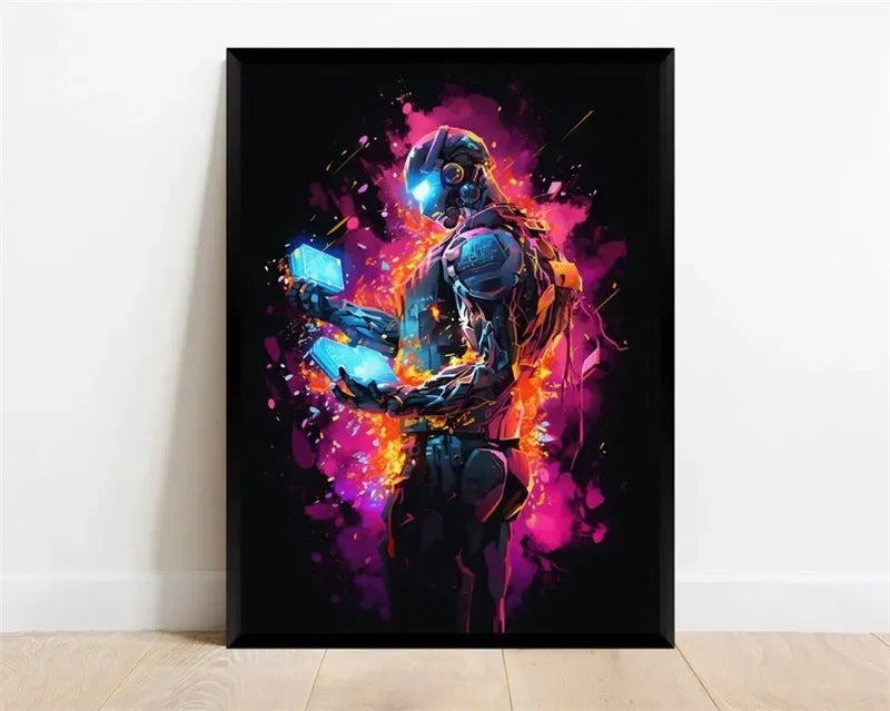 Pop Neon Video Game Character Canvas Wall Art Gamepad Headphones Gaming Room