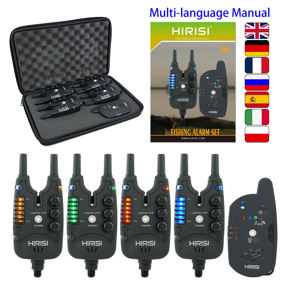 Hirisi Wireless Carp Fishing Bite Alarm Set S8 2 Way Remote Control 1+3 / 1+4
