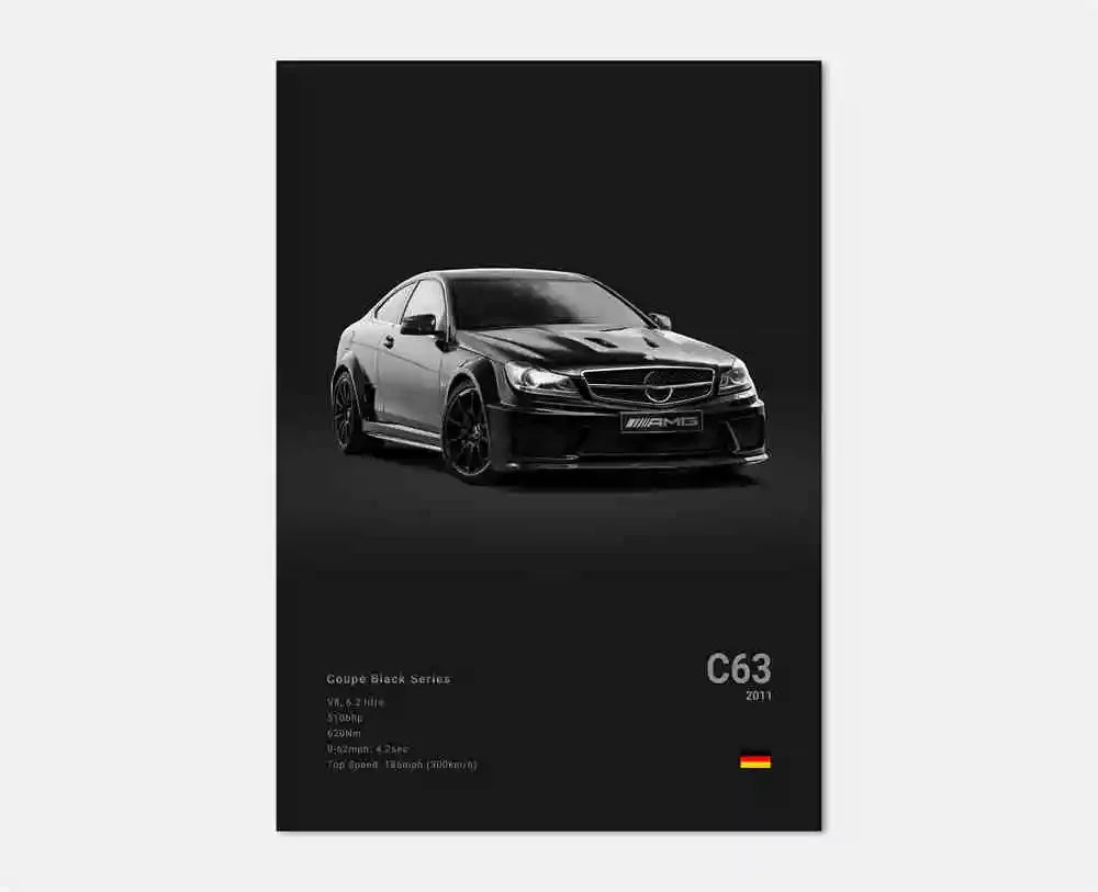 B&W Luxury Sports Car Poster Canvas Wall Art Garage Mancave Merc G63 SL GTR AMG