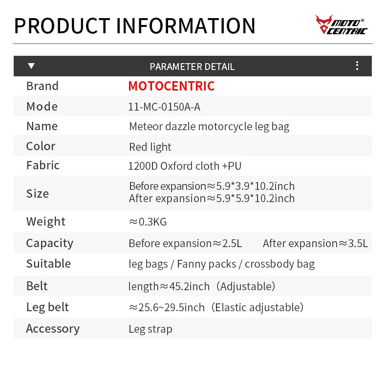 Waterproof Motorcycle Drop Leg Bag with LED Light - Moto Pack for Outdoor Sports