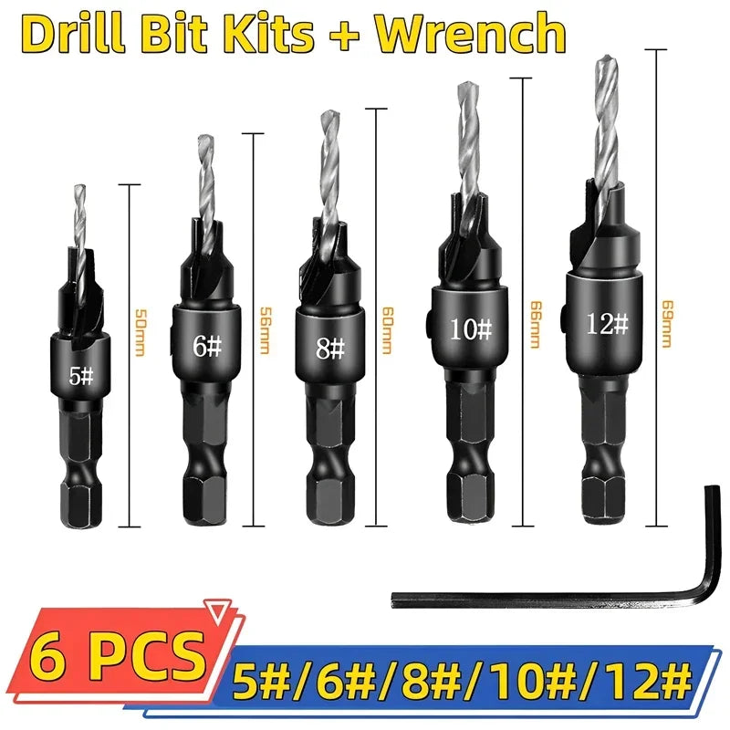 5pc 1/4" Hex Shank Countersink Drill Bit Set for Wood Screws #5–#12 Pilot Hole
