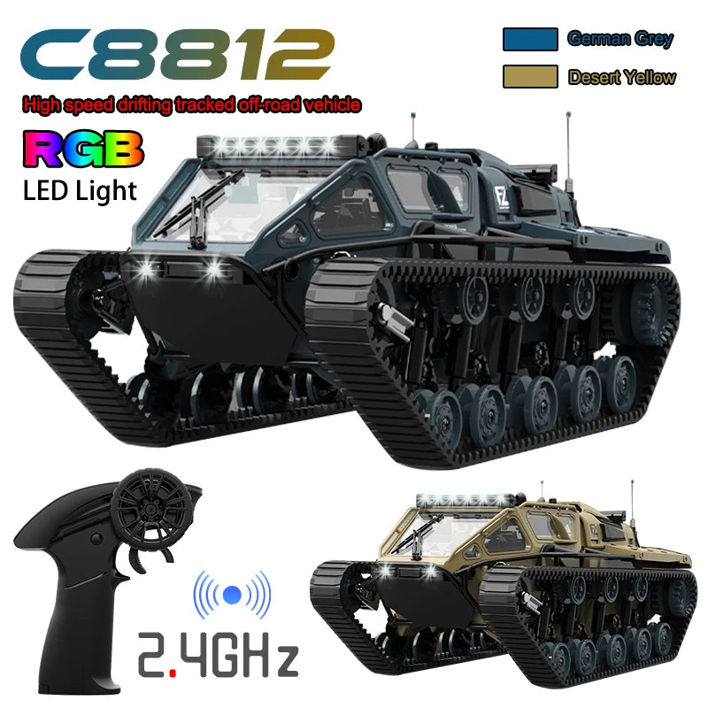 JJRC C8812 6CH RC Tank Tracked Car 2.4G 4WD Drift Off-Road Vehicle w/ LED Lights