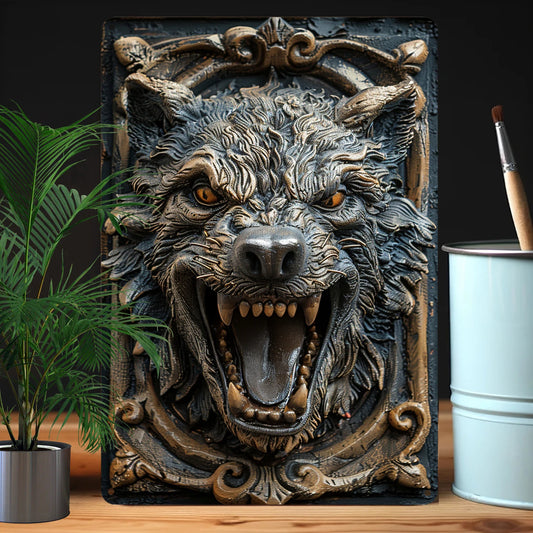 Vintage 3D Effect Wolf Head Aluminium Metal Sign  8"x12" Wall Decor Home Office