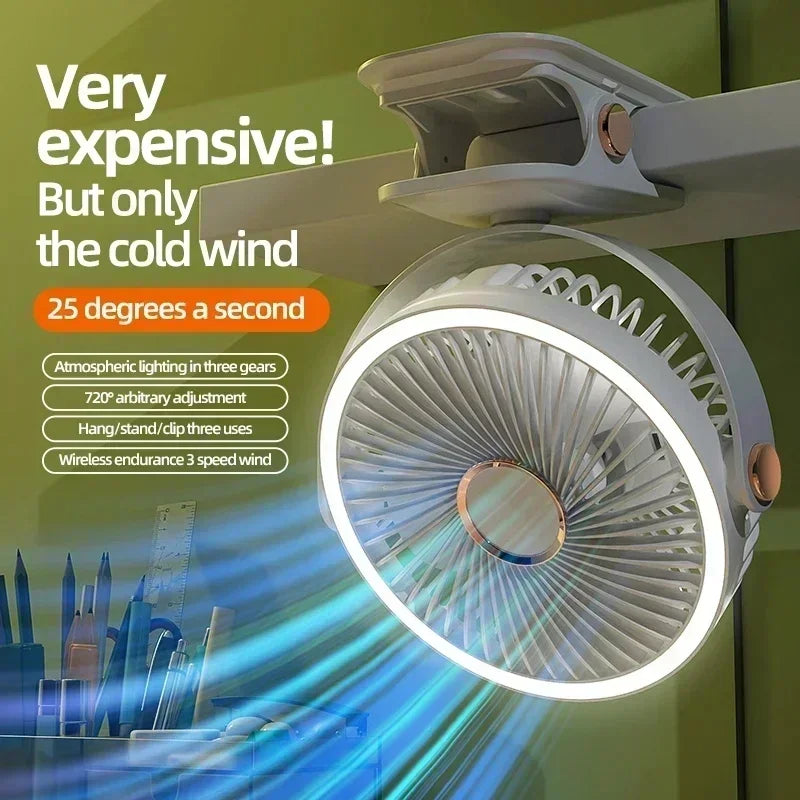 8000mAh Clip-on  Rechargeable Camping travel Fan Desktop Portable Wireless usb Fan With LED Light