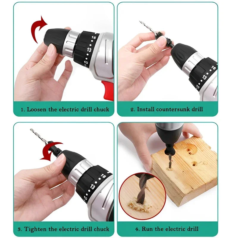 5pc 1/4" Hex Shank Countersink Drill Bit Set for Wood Screws #5–#12 Pilot Hole