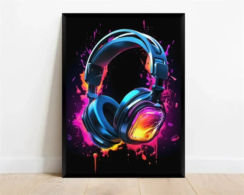 Pop Neon Video Game Character Canvas Wall Art Gamepad Headphones Gaming Room