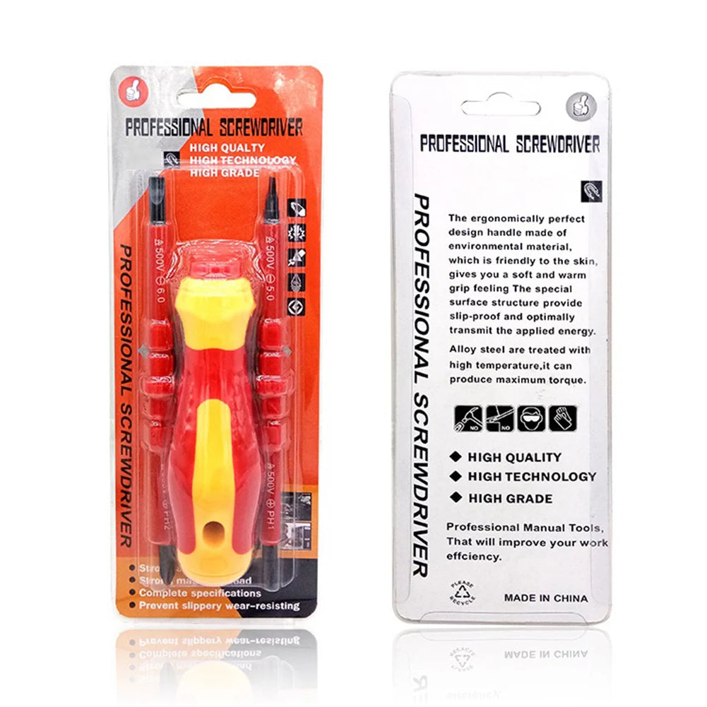 2-in-1 Insulated 500v Screwdriver Set - PH1, PH2, Slotted 5.0, 6.0 Electrician