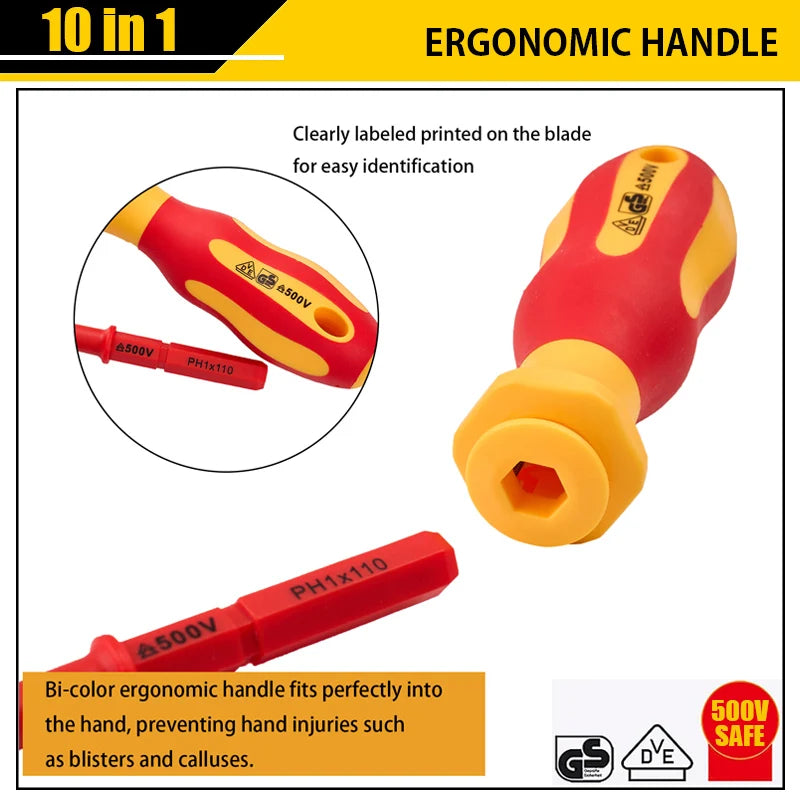 10Pcs Interchangeable VDE 500v Insulated Screwdriver Set Magnetic Electrician