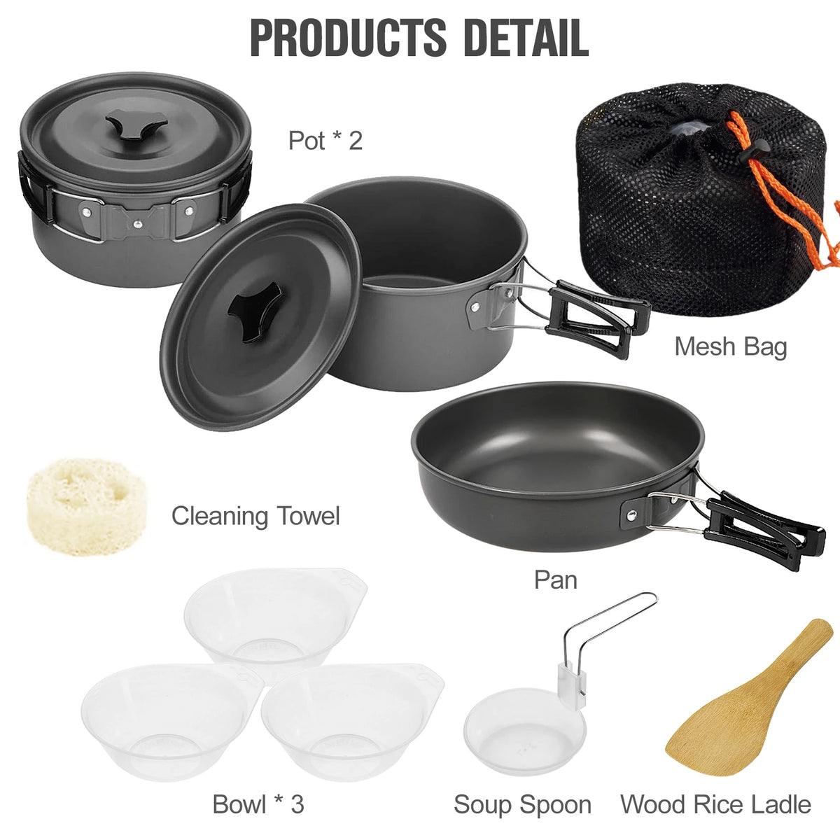 Camping Cookware Set Lightweight Non-Stick Pots Pans for 2-3 Person Outdoor