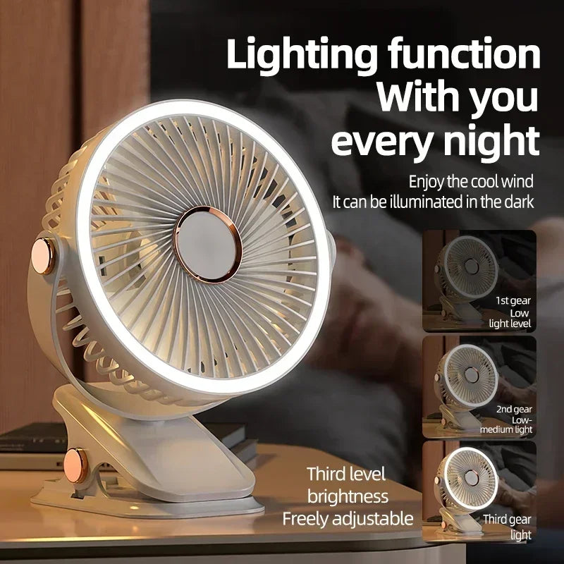 8000mAh Clip-on  Rechargeable Camping travel Fan Desktop Portable Wireless usb Fan With LED Light