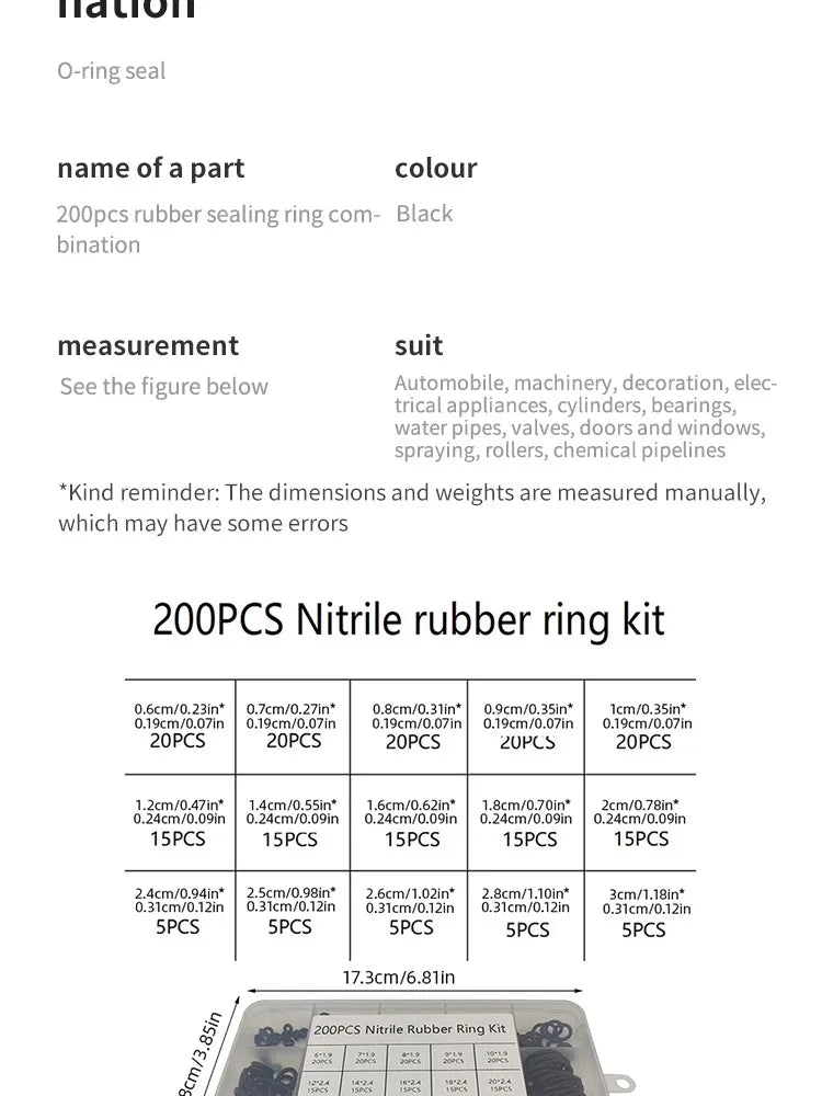Rubber O Ring Set - 200pcs / 225pcs High-Pressure Sealing Gasket Repair Kit