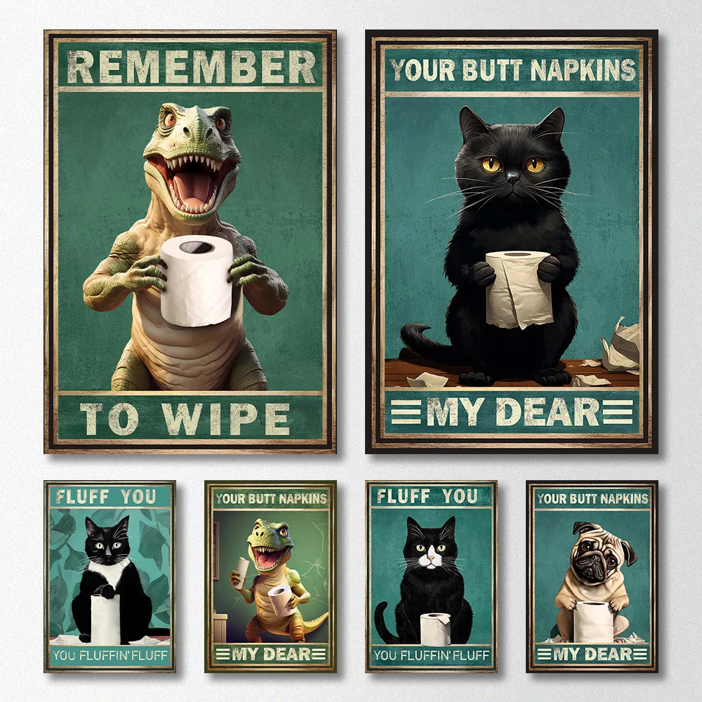 Funny Animals Wall Art Canvas Poster Prints Dinosaur Cats Dogs Retro Bathroom WC