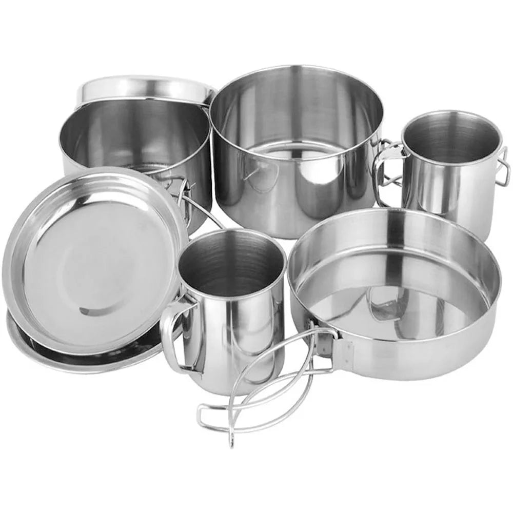 8Pcs Camping Cookware Set Pot Pan Cups Plates Hiking Picnic Outdoor Cooking Kit
