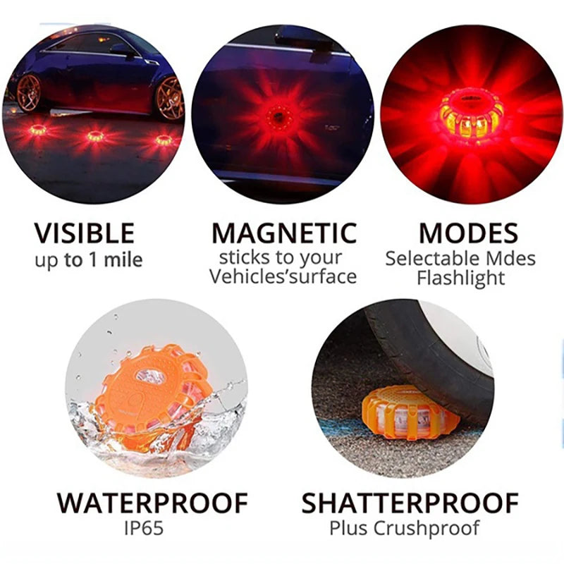 LED Warning Light Safety Flare 9-Mode Emergency Strobe Magnetic USB/Batt