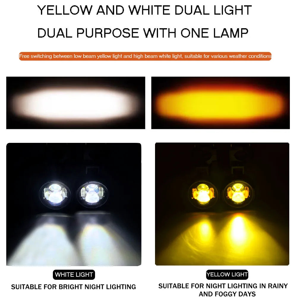 Pair 100W LED Motorcycle Fog Light Dual Color Spot Headlight Driving Lamp