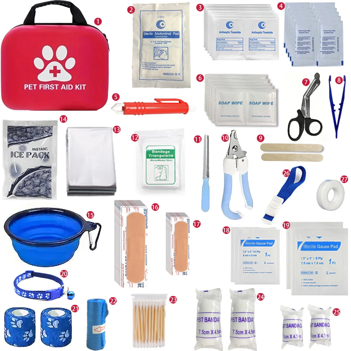 127-Piece Compact Dog & Cat Travel First Aid Kit + Manual, For Hiking & Camping