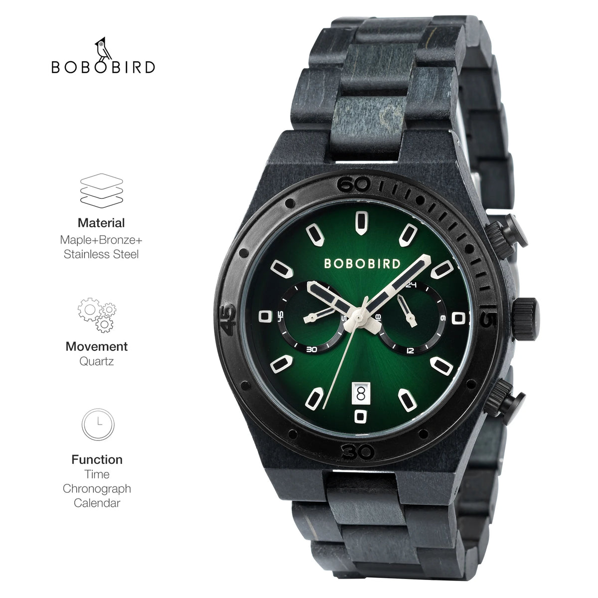 BOBO BIRD Men’s Wooden Chronograph Watch – Business Style with Date Display