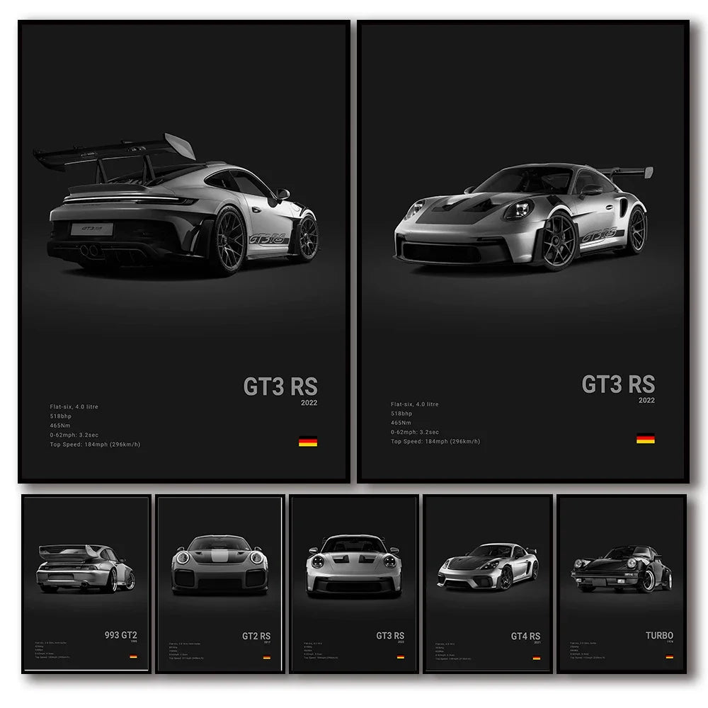 Pop B&W German Luxury Super Sport Car Canvas Poster 911 GT3 RS Turbo 918 993 GT4