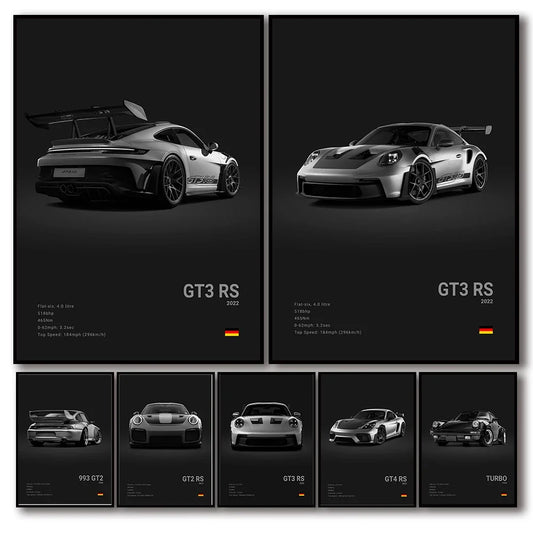 Pop B&W German Luxury Super Sport Car Canvas Poster 911 GT3 RS Turbo 918 993 GT4