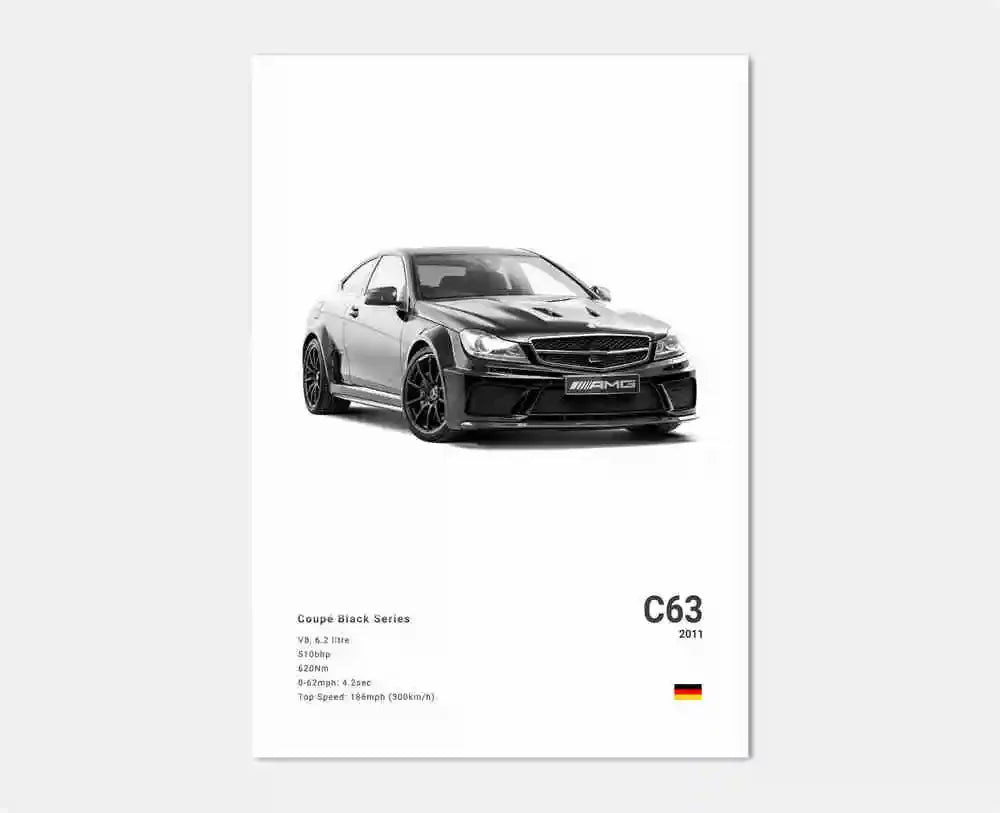 B&W Luxury Sports Car Poster Canvas Wall Art Garage Mancave Merc G63 SL GTR AMG